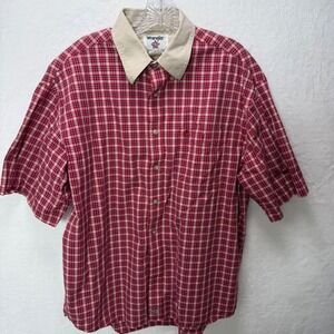Wrangler PBR Mens L Red Buffalo Plaid S/S Button Down Shirt Western Rodeo